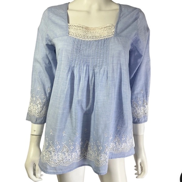 Roberta Roller Rabbit Peasant Blouse Tunic Top Blue White Embroidered Sz M - Picture 1 of 14
